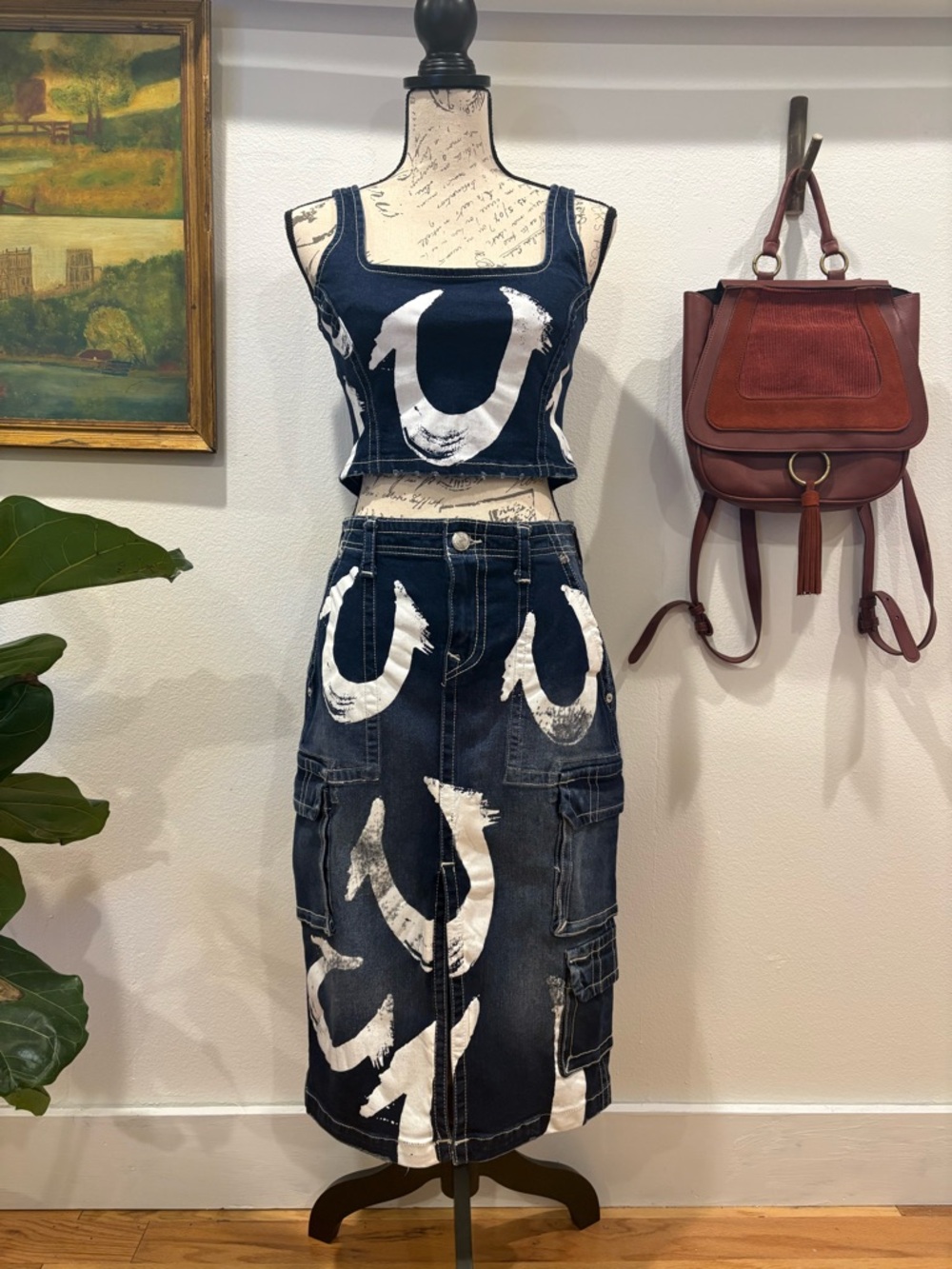 True Religion Denim Two-Piece Set – Graphic U Stitch Crop Top & Cargo Midi Skirt